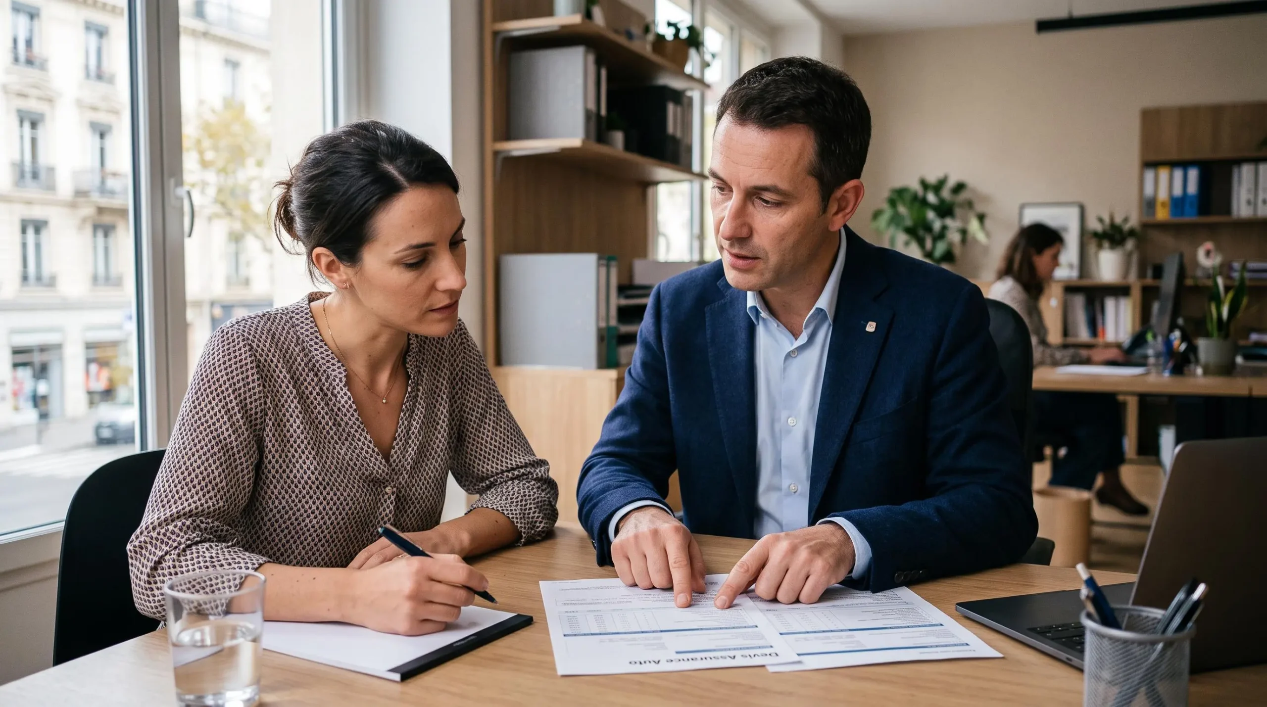 Conseiller en assurance et client discutant ensemble des détails d'un devis automobile dans un bureau professionnel
