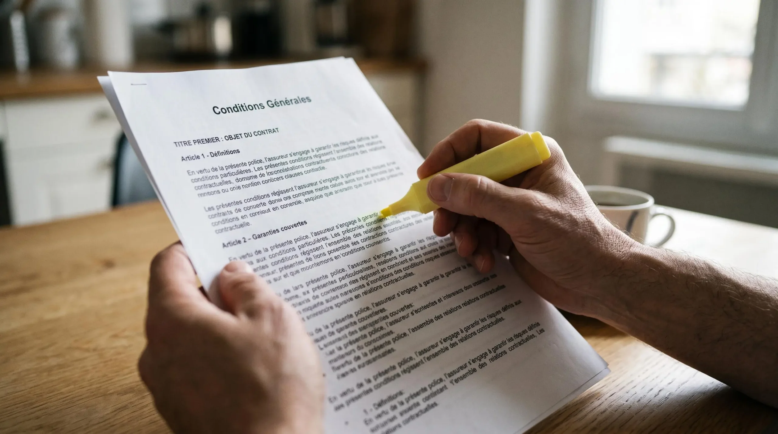 Gros plan sur des mains lisant attentivement un document de conditions générales d'assurance avec un surligneur